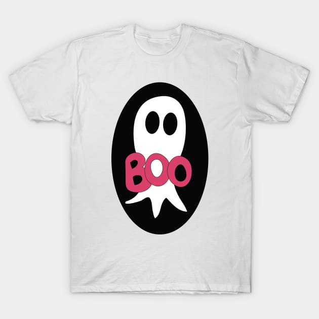 Cute Halloween ghost cartoon with BOO text T-Shirt by Angel Dawn Design